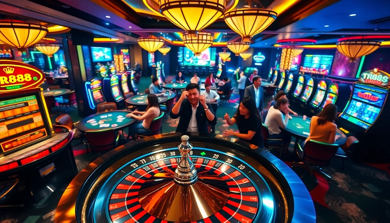 tr88 players celebrating a big win at a luxurious casino table with chips and cards.