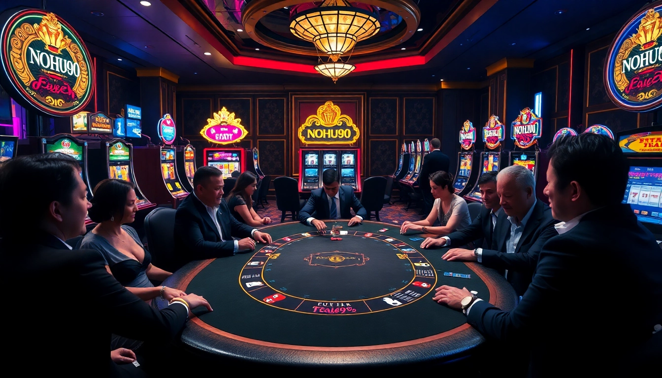 Nohu90 casino scene featuring high-stakes poker and vibrant slot machines among excited players.