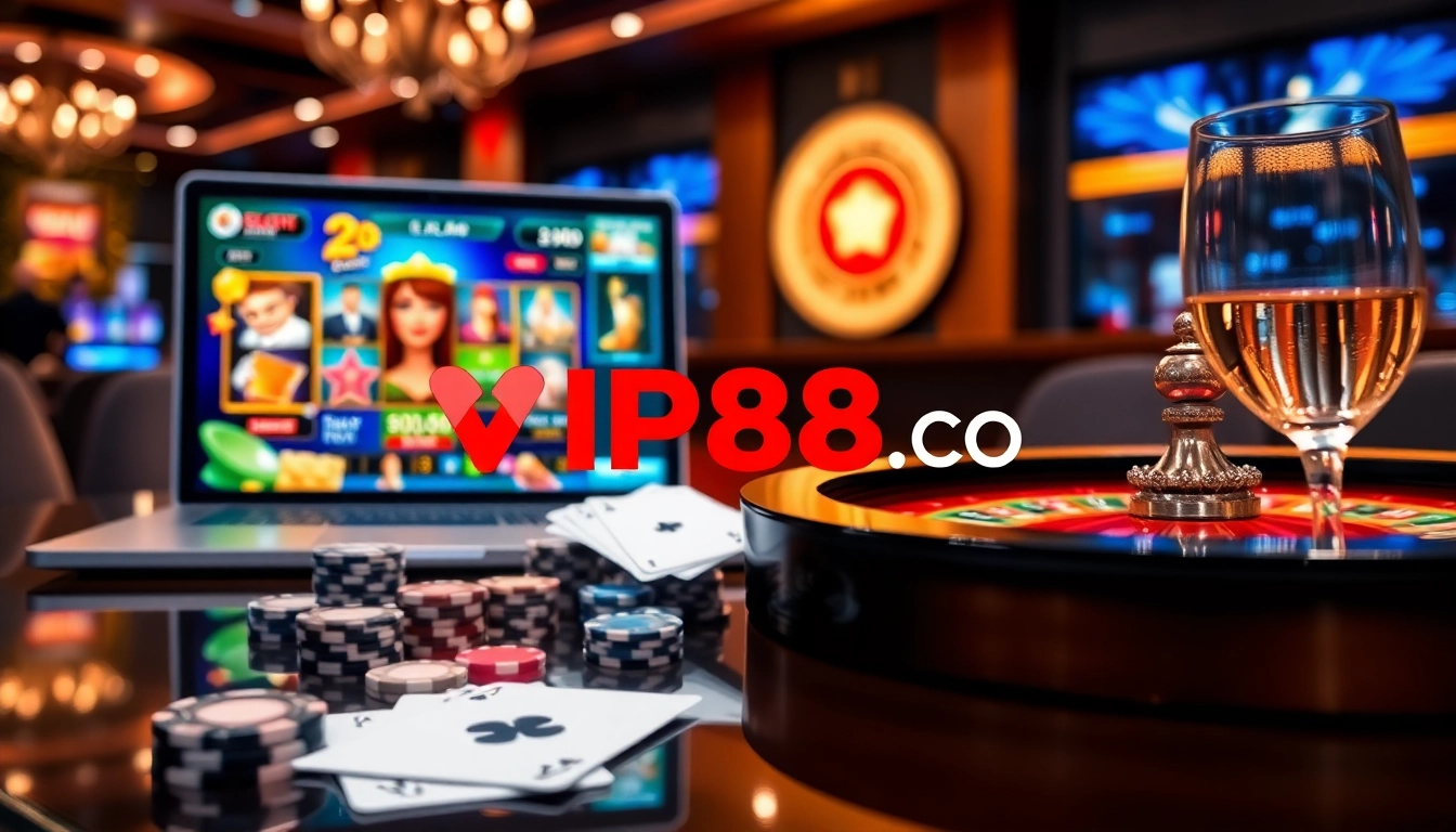 Engaging casino gameplay interface showcasing vip88 com with poker chips and cards.