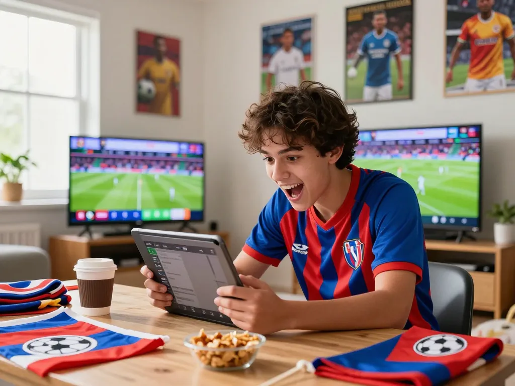 Football fan checking live scores on 7m sports website in an energetic living room.