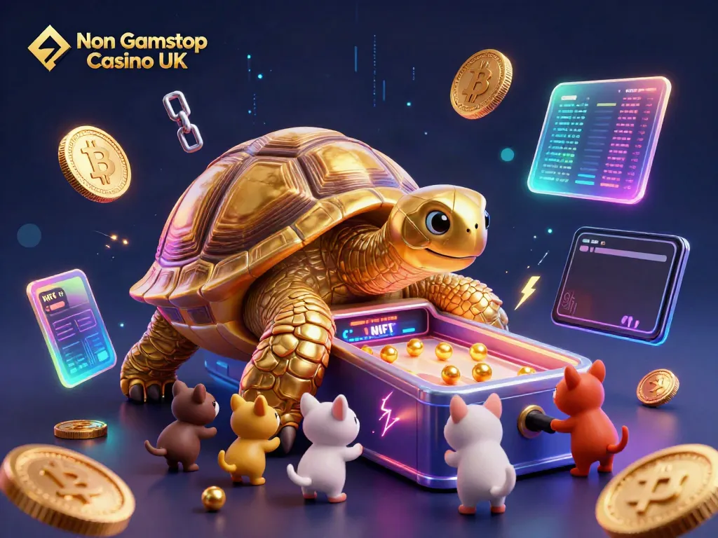 Experience excitement at a Non Gamstop Casino UK with golden tortoise and crypto elements in a vibrant scene.
