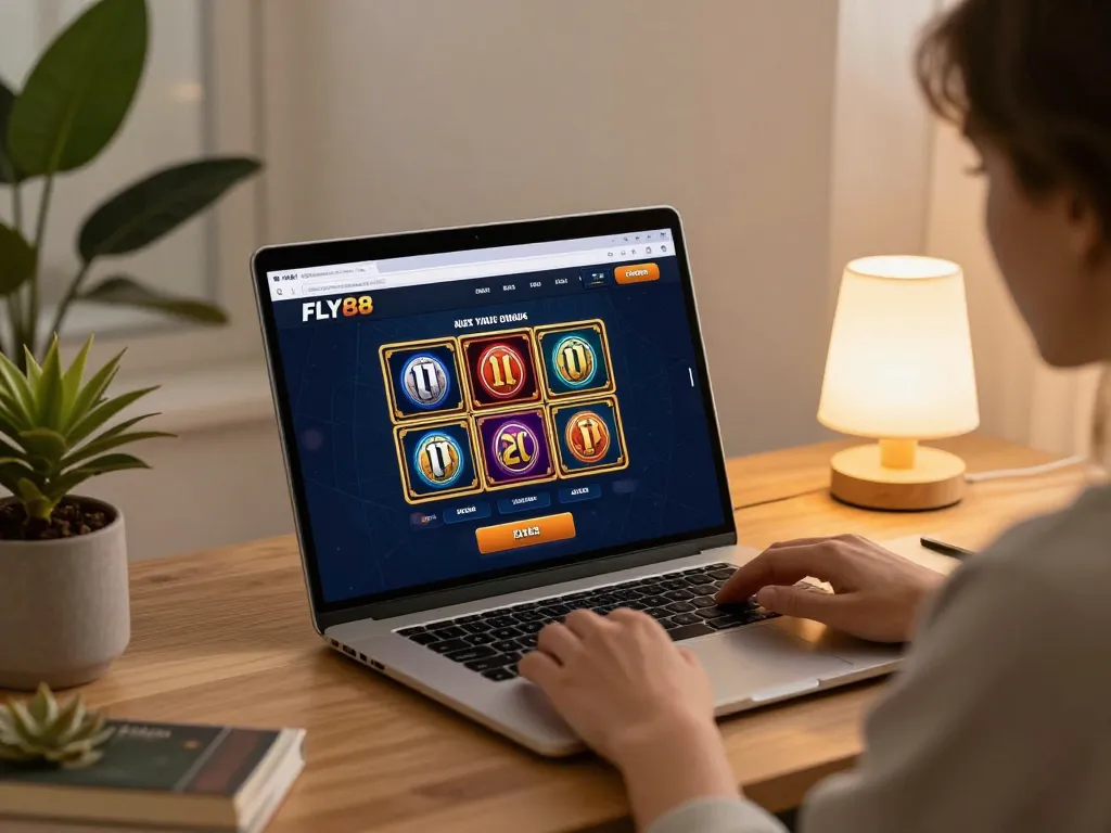 Engage with FLY88 gaming interface through a modern laptop in a cozy home setting