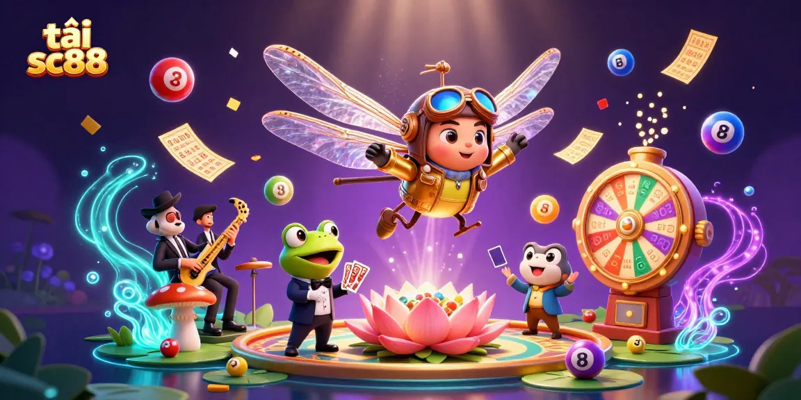 Experience the excitement of tải sc88 with vibrant lottery games, a dragonfly pilot, and a frog croupier.