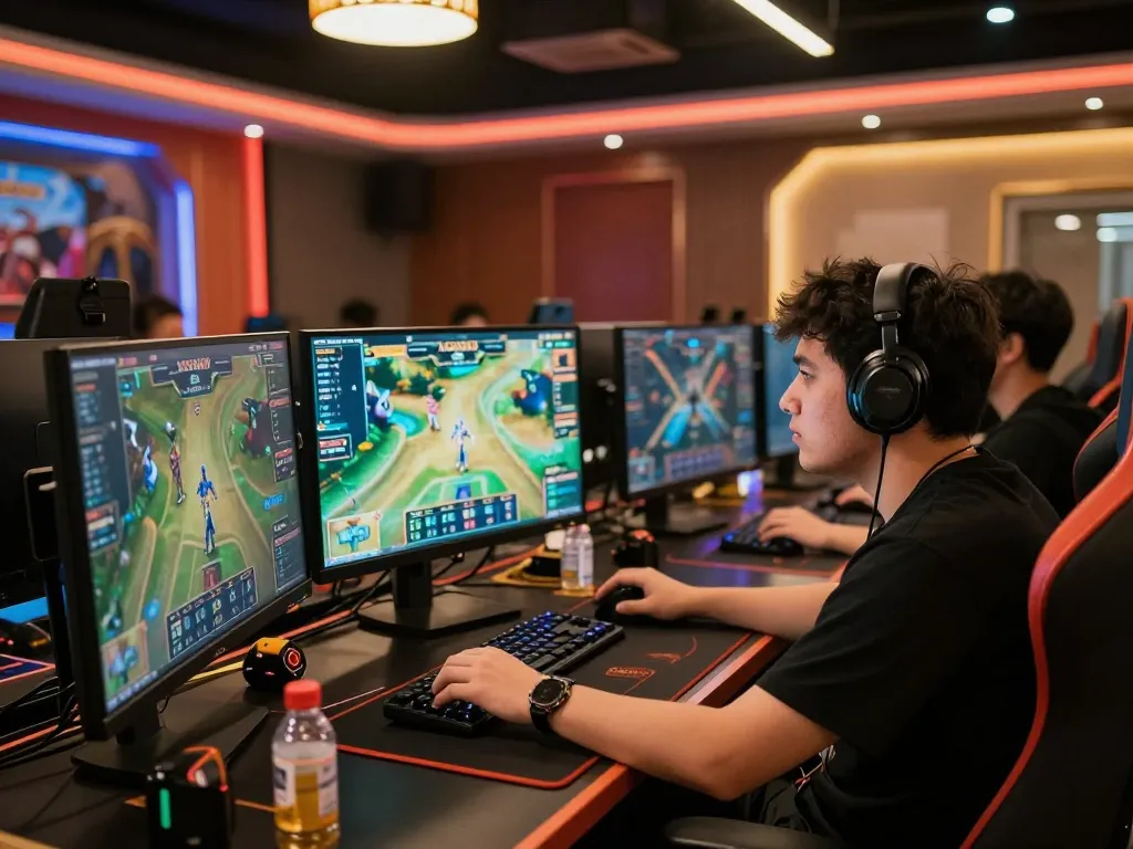 Playing the app xoso66 in a dynamic online gaming setup, showcasing intense focus and strategy.