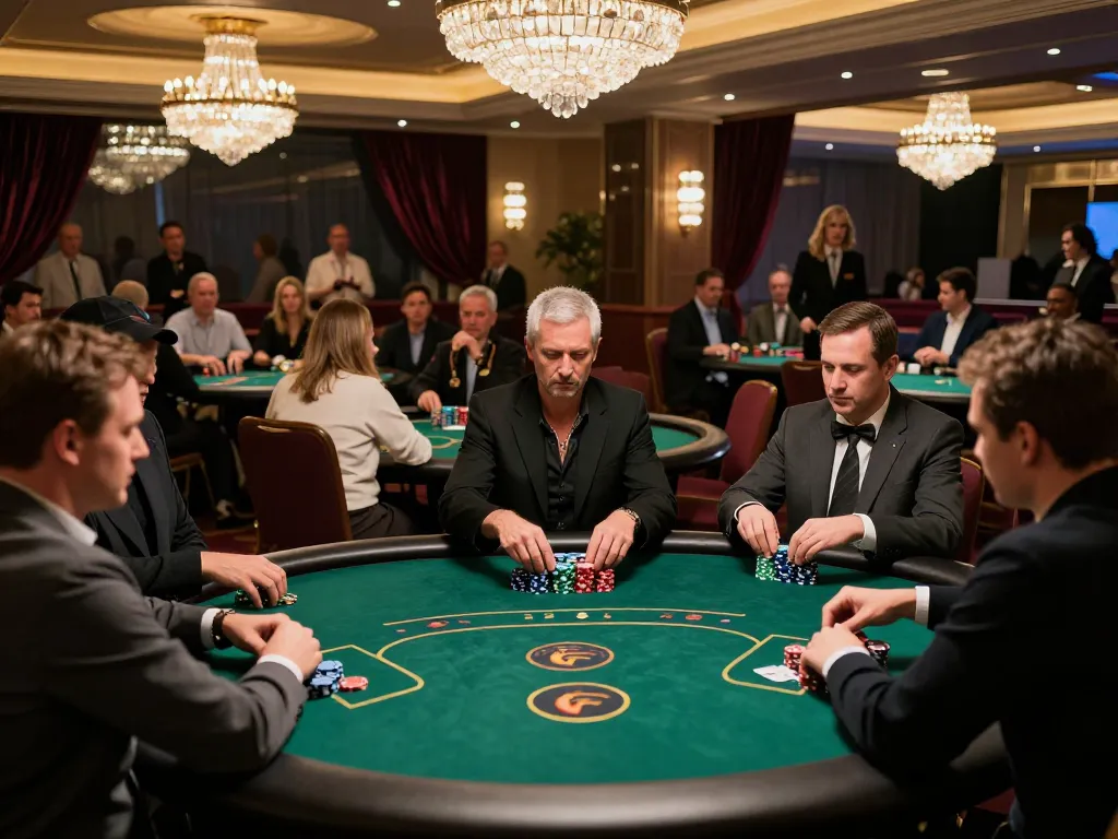 Players engaged in strategic gameplay at C168 poker tournament in a luxurious casino.