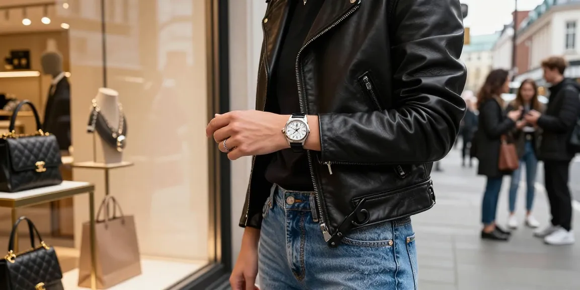 Stylish individual wearing a luxury replica watch, showcasing urban fashion in a busy city scene.
