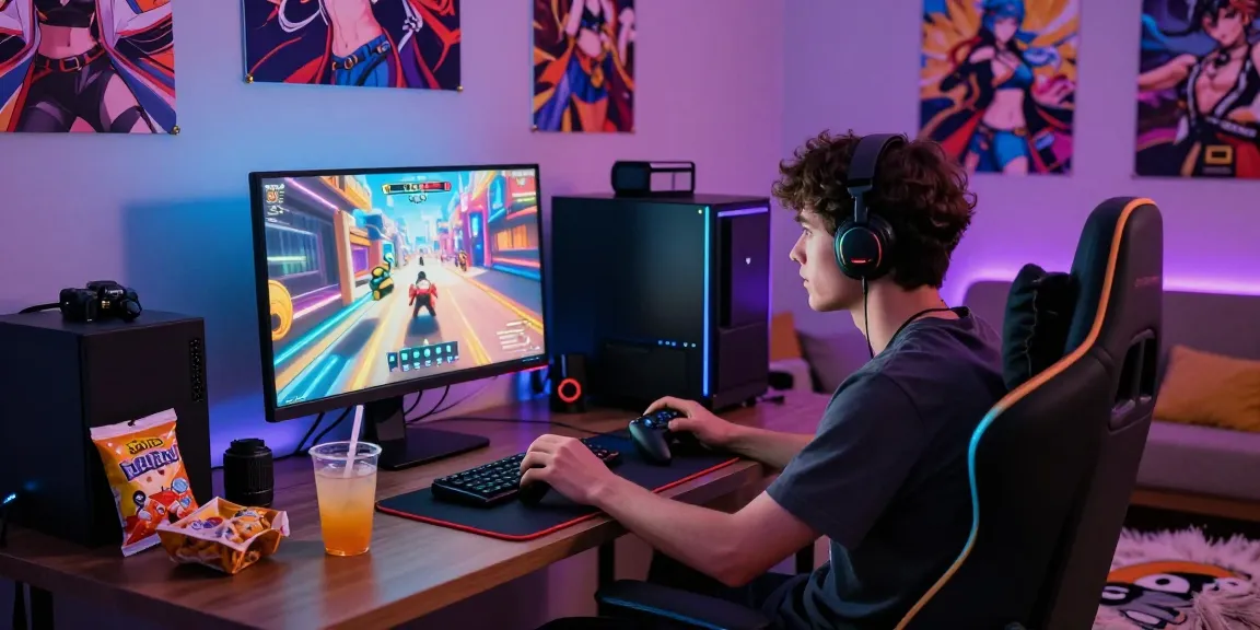 Engaging scene of adult gamer playing hentai games html in immersive gaming setup with vibrant colors and dynamic lighting.