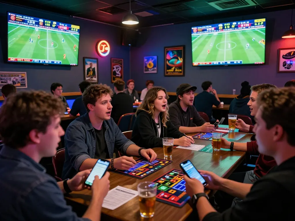 Kết quả bóng đá displayed on large screens in a lively sports betting lounge, with fans engaged in betting activity.
