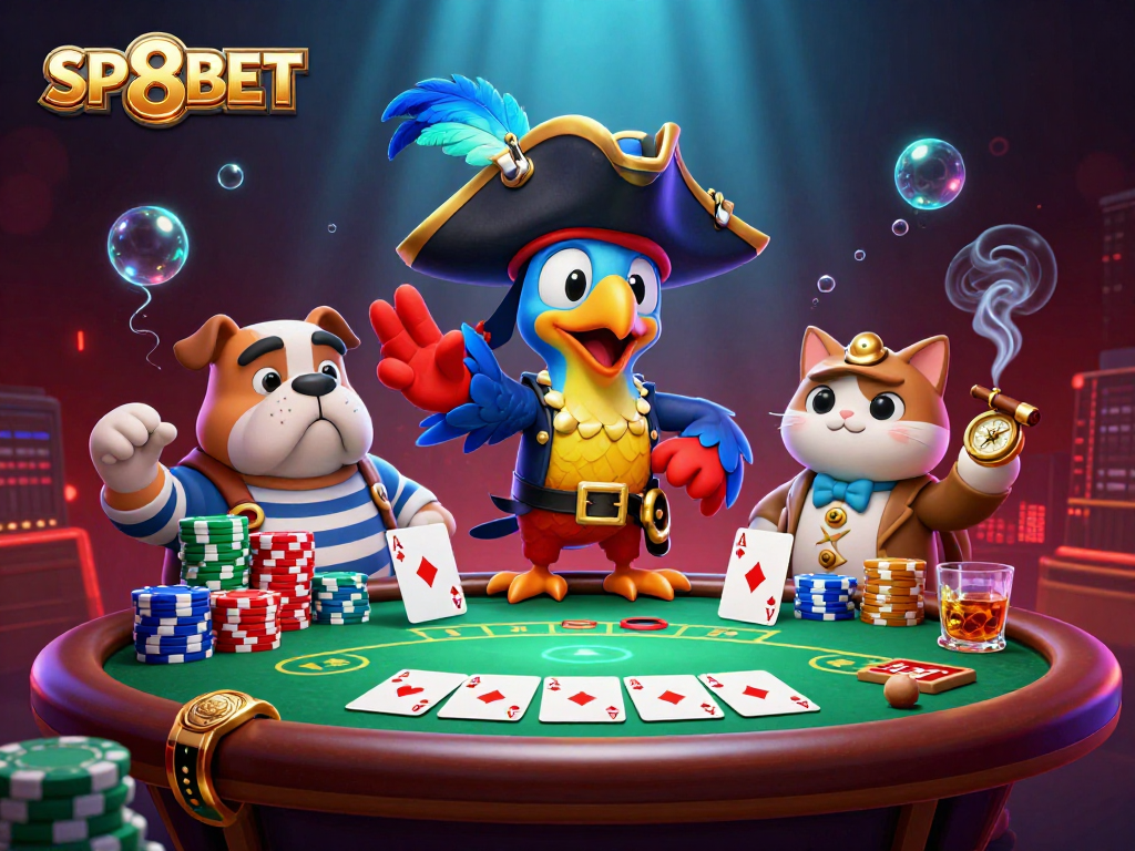 Engage in thrilling poker action with SP8BET's captivating 3D casino scene featuring vibrant characters.