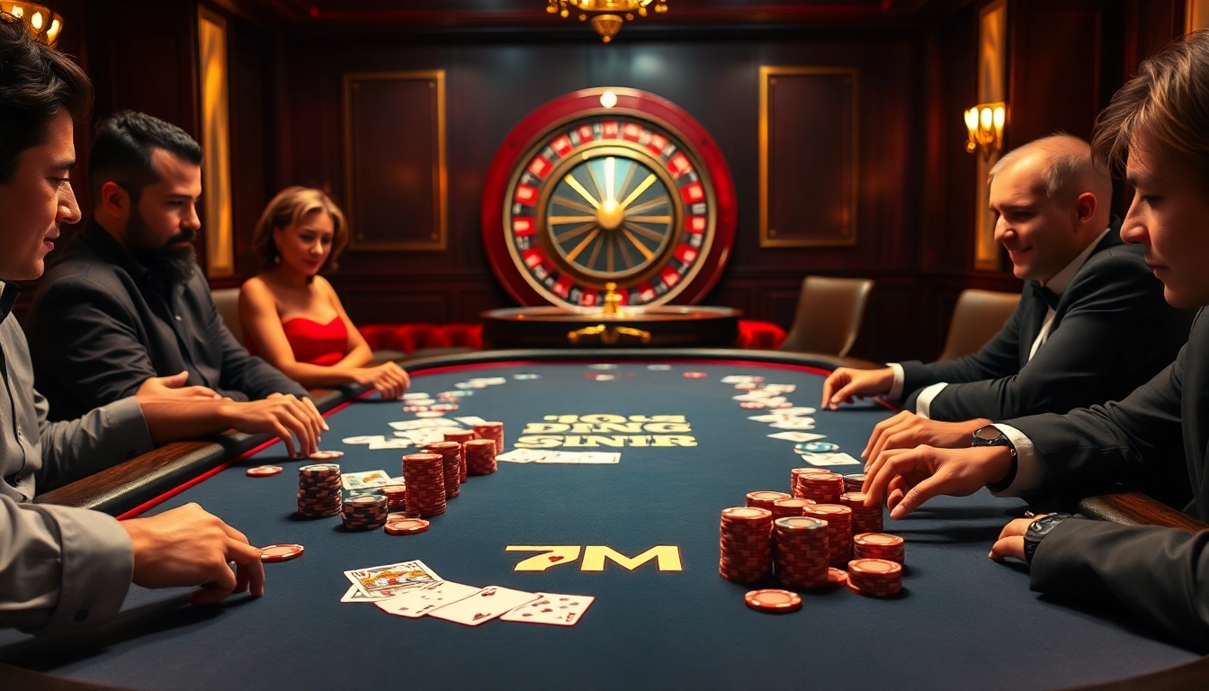 Engage with high-stakes poker at the casino with 7M, featuring vibrant chips and cards on a stunning table.