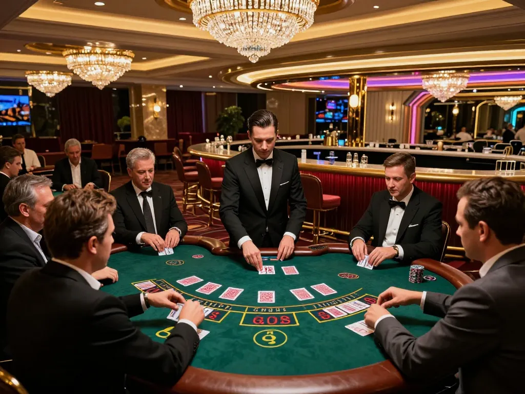 79KING players engaged in an intense blackjack game, showcasing strategic gameplay in a vibrant casino atmosphere.