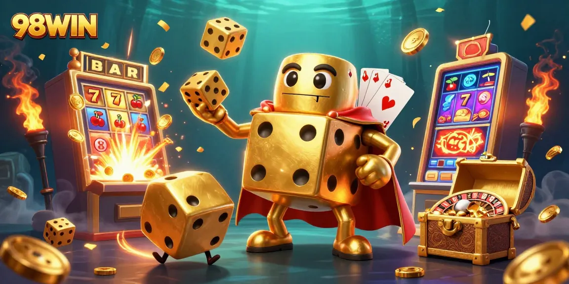 Win big at 98WIN with a dynamic casino adventure featuring golden dice and slot machines.