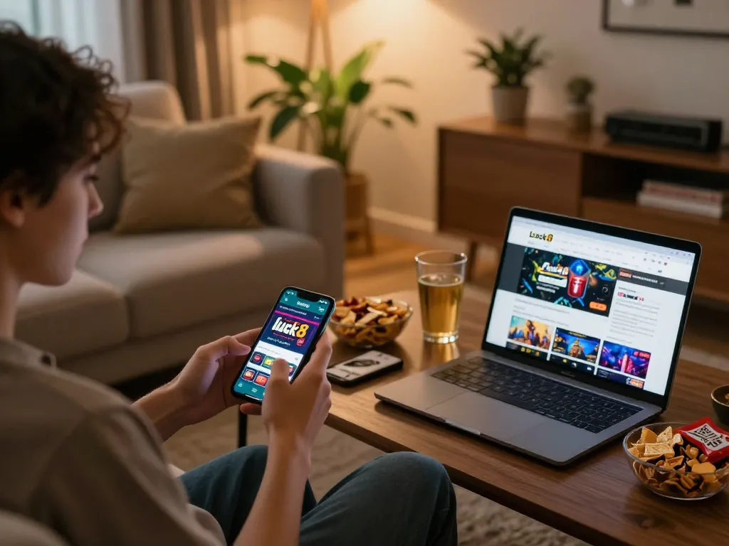 Engage with Luck8 online gaming app while enjoying snacks on a cozy sofa.