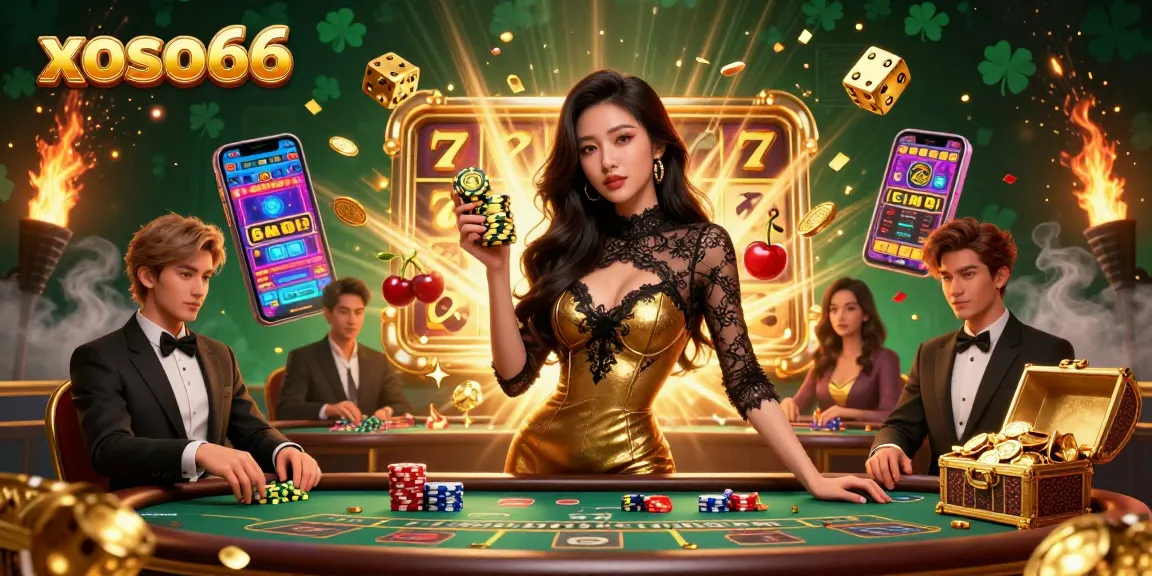 Experience the thrilling action of xoso66 with a beautiful Asian woman at a VIP baccarat table surrounded by gold and jackpots.