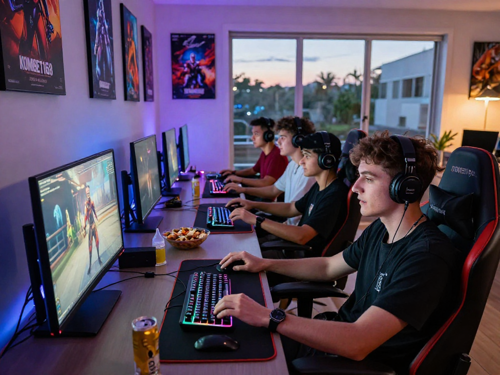 Exciting gaming environment featuring KOMBET168 with players in action and vibrant setups.