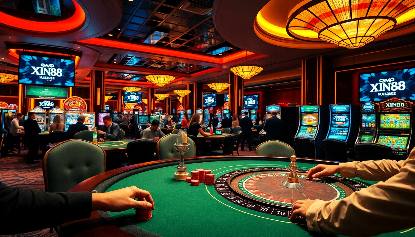 Exciting casino scene with poker tables and Xin88 branding enhancing the gambling atmosphere.