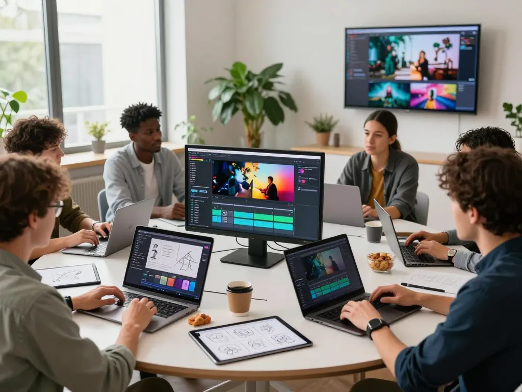 Seedance 2.0 AI video production tools in a vibrant creative studio with collaborative creators.