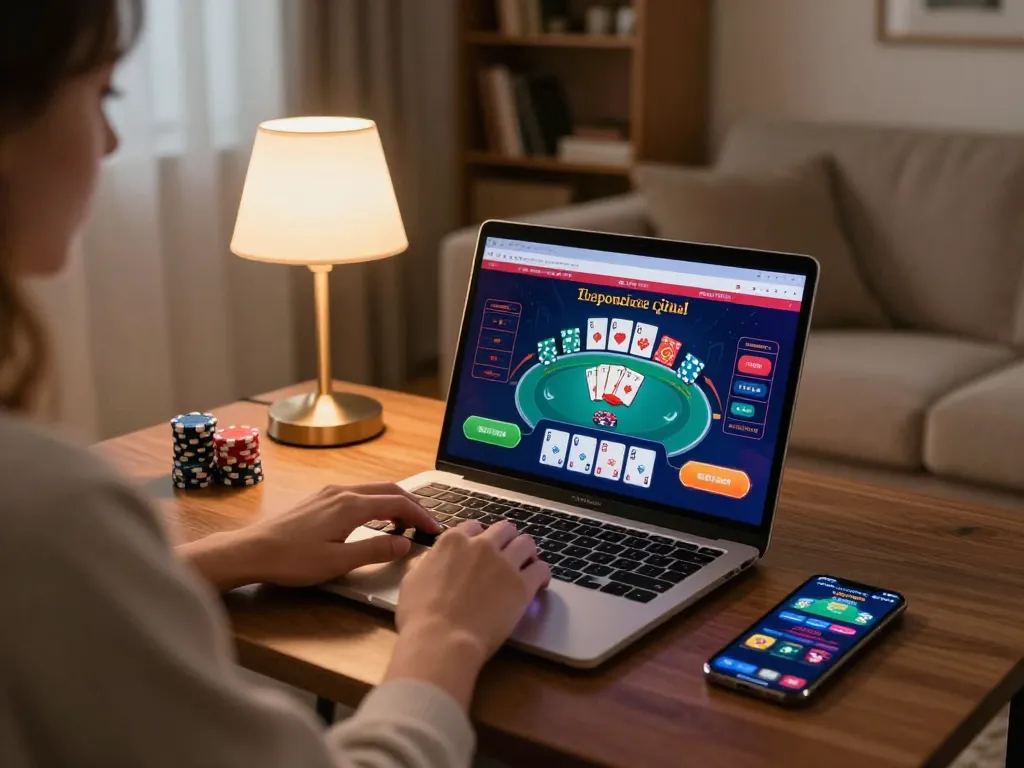 Engaging with mb66 online casino on laptop during a cozy home gaming session