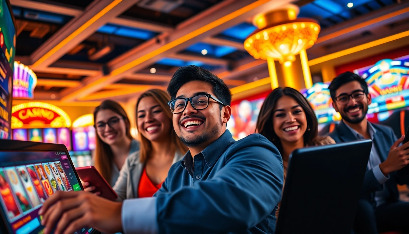 Engaging scene showcasing users enjoying online gambling at https://98winmb.com/ with vibrant casino games.