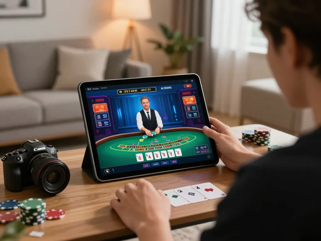 Engaging player interacts with live dealer blackjack on tablet, highlighting sunwin gaming experience.