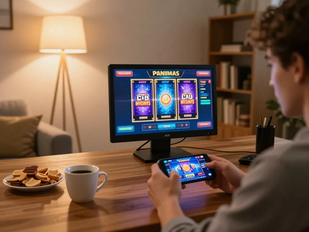 Engaging in mobile gaming with 88okwin app, person exploring colorful slots interface in a cozy home setting.