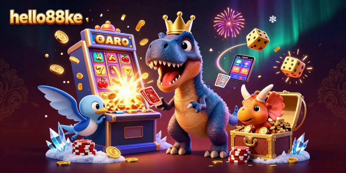 Experience thrilling gameplay with hello88ke, featuring friendly dinosaur characters shuffling cards and stacking chips.