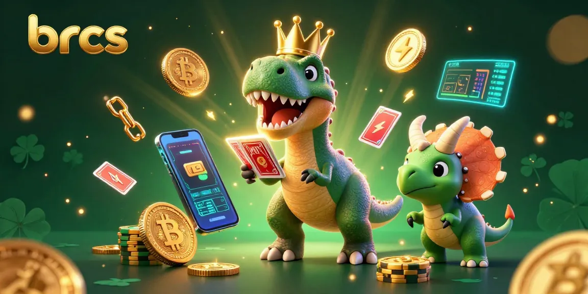 brcs showcases a T-Rex and friends playing casino-themed games with vibrant crypto coins and golden chips.