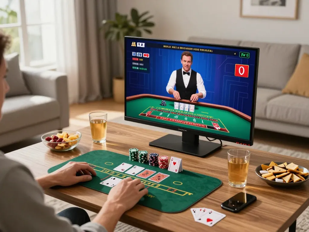 Engaged player strategizing during FC88 online blackjack session in comfortable living room