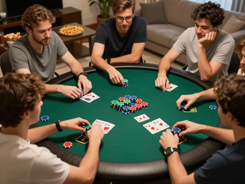 Friends enjoying a lively poker game at home with OPEN88 cards and chips visible.