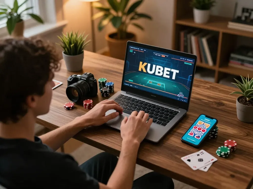 KUBET online betting experience in a home office, showcasing strategic gameplay with poker chips visible.