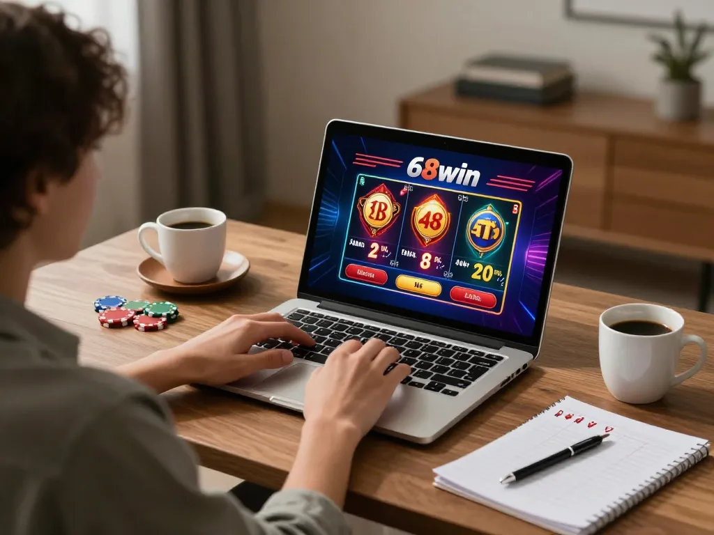 Engaging in a thrilling betting experience at 68win casino using a laptop in a cozy home environment.
