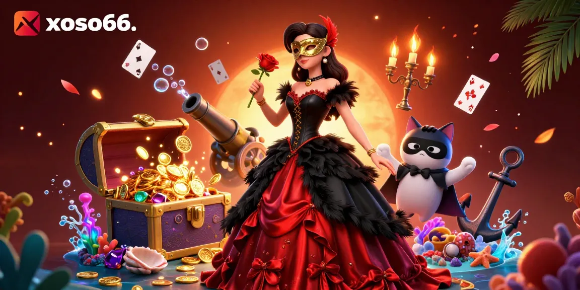 xoso66. Join the excitement as a stunning woman in a vibrant gown captures the thrill of gambling.