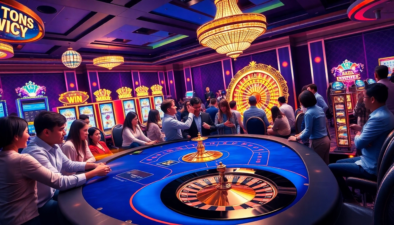 Engage in the thrilling win678 game at a vibrant casino table surrounded by excited players.