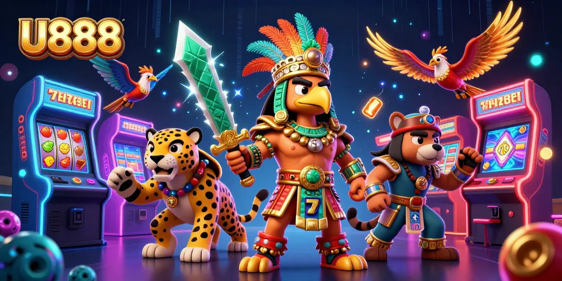 Engage with U888's vibrant casino scene featuring Aztec warriors and dynamic gaming elements.