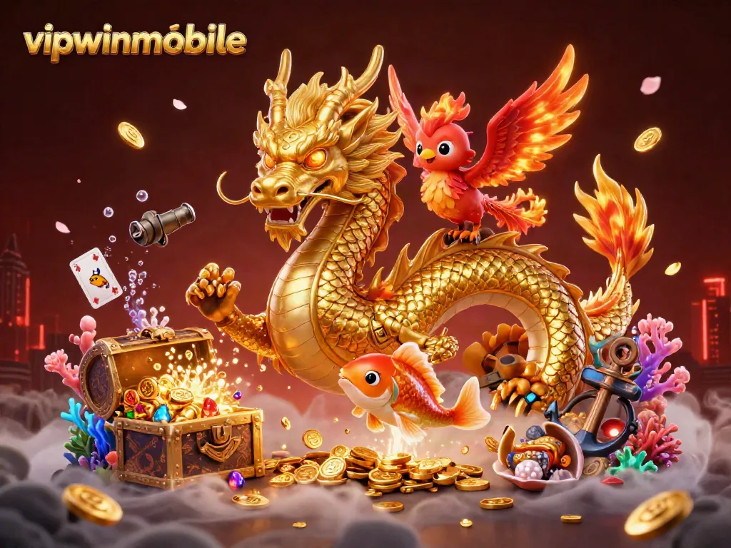Experience the thrill of vipwinmobile with a dynamic 3D illustration of a golden dragon, phoenix, and koi in a casino-themed scene.