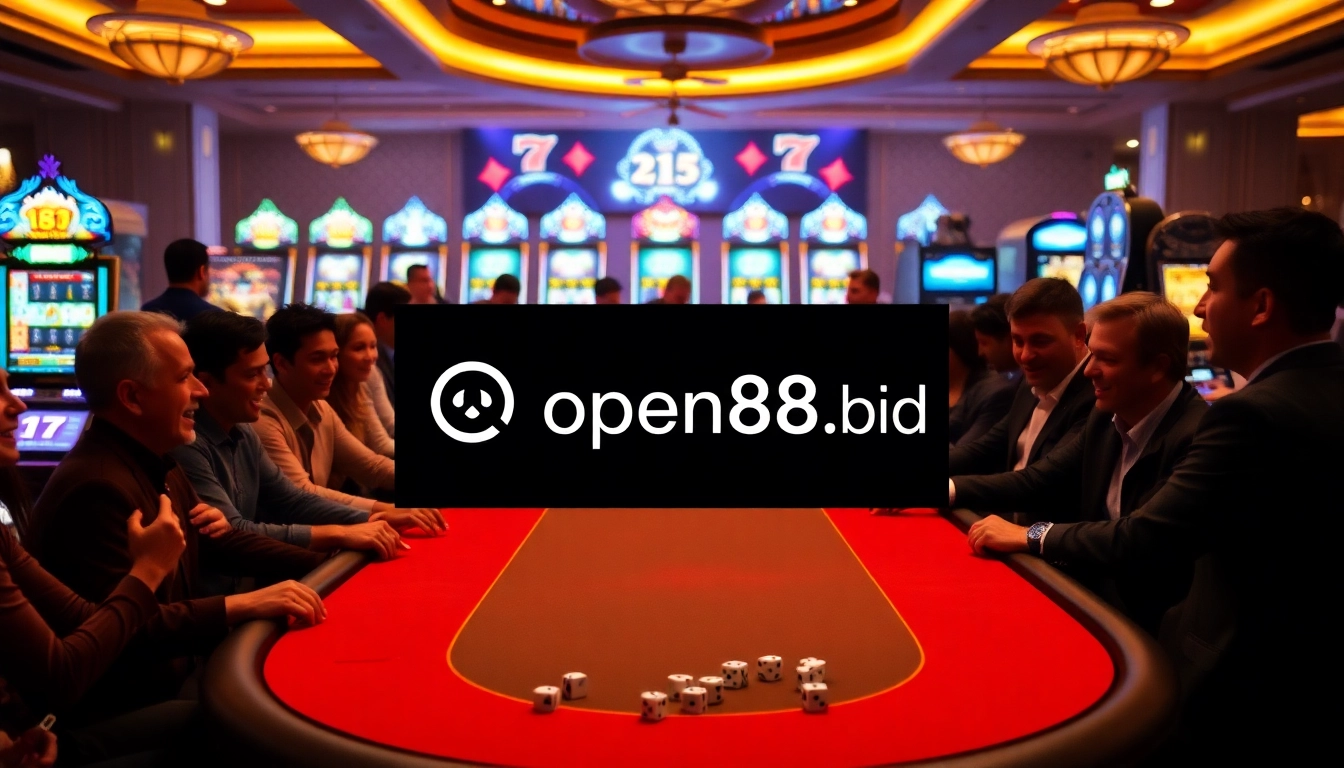 Excited players at a poker table in a luxurious casino, featuring https://open88.bid/ logo on gaming interface.