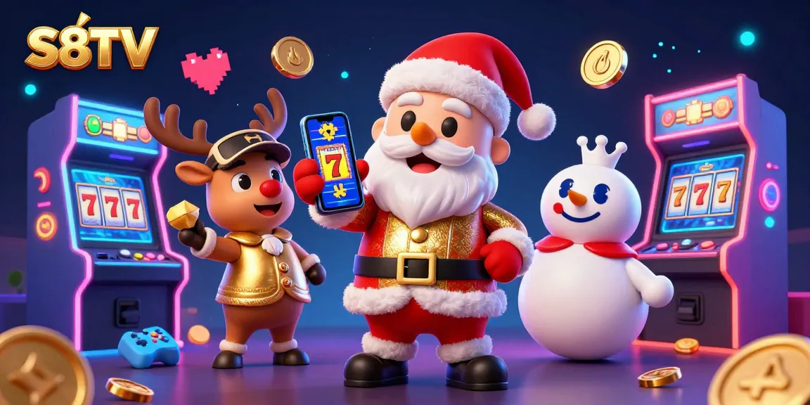 S8TV brings excitement with Santa and friends at a bustling casino, showcasing slot gaming elements.