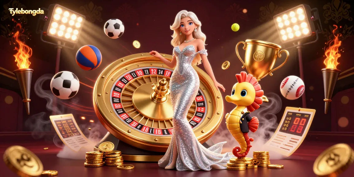 Experience thrilling betting with tylebongda—stunning woman beside a golden roulette wheel and sports elements.