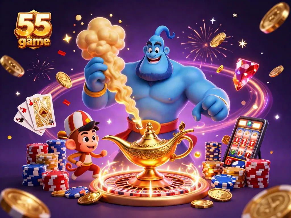 Engage in the thrilling 55 club game with a powerful genie, flying carpet, and dazzling casino elements.