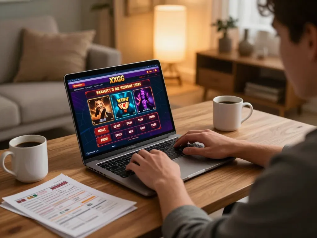 Person engaging with XXGG online casino, showcasing lively graphics and cozy home settings.