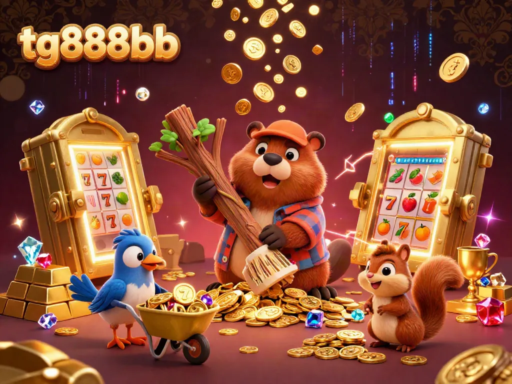 Experience the excitement of tg888bb with a dynamic 3D scene of a beaver, bird, and squirrel collecting golden treasures in a casino.