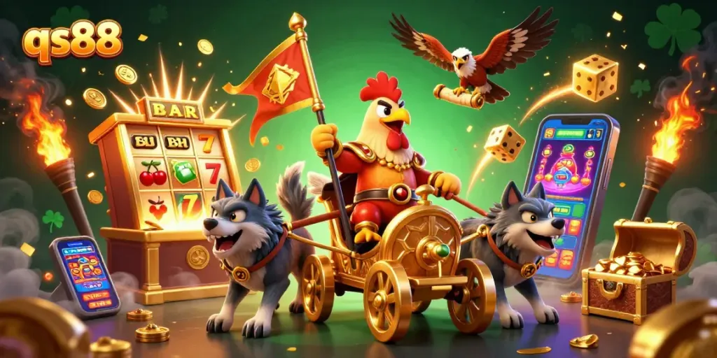 Experience the excitement with qs88 as a rooster warlord rides in a chariot amidst a jackpot explosion.