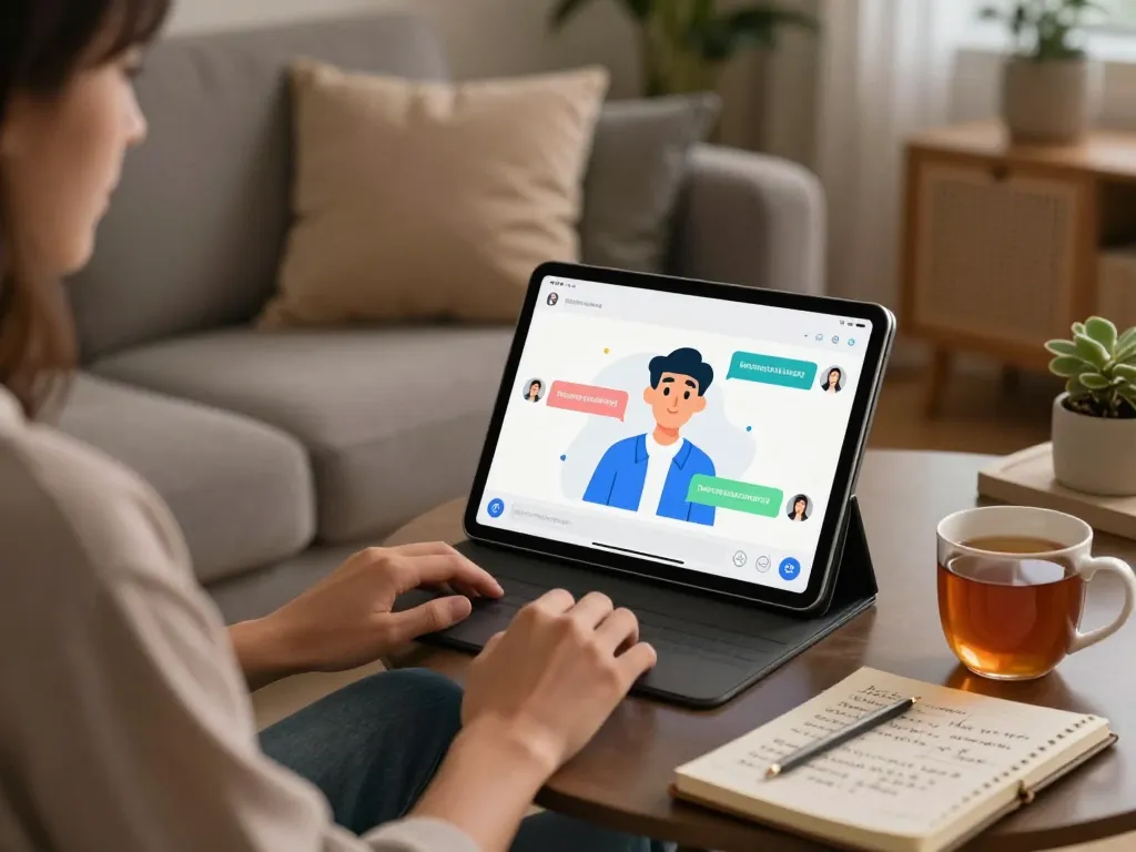 Engaging AI sex chat experience on a tablet in a cozy living room.