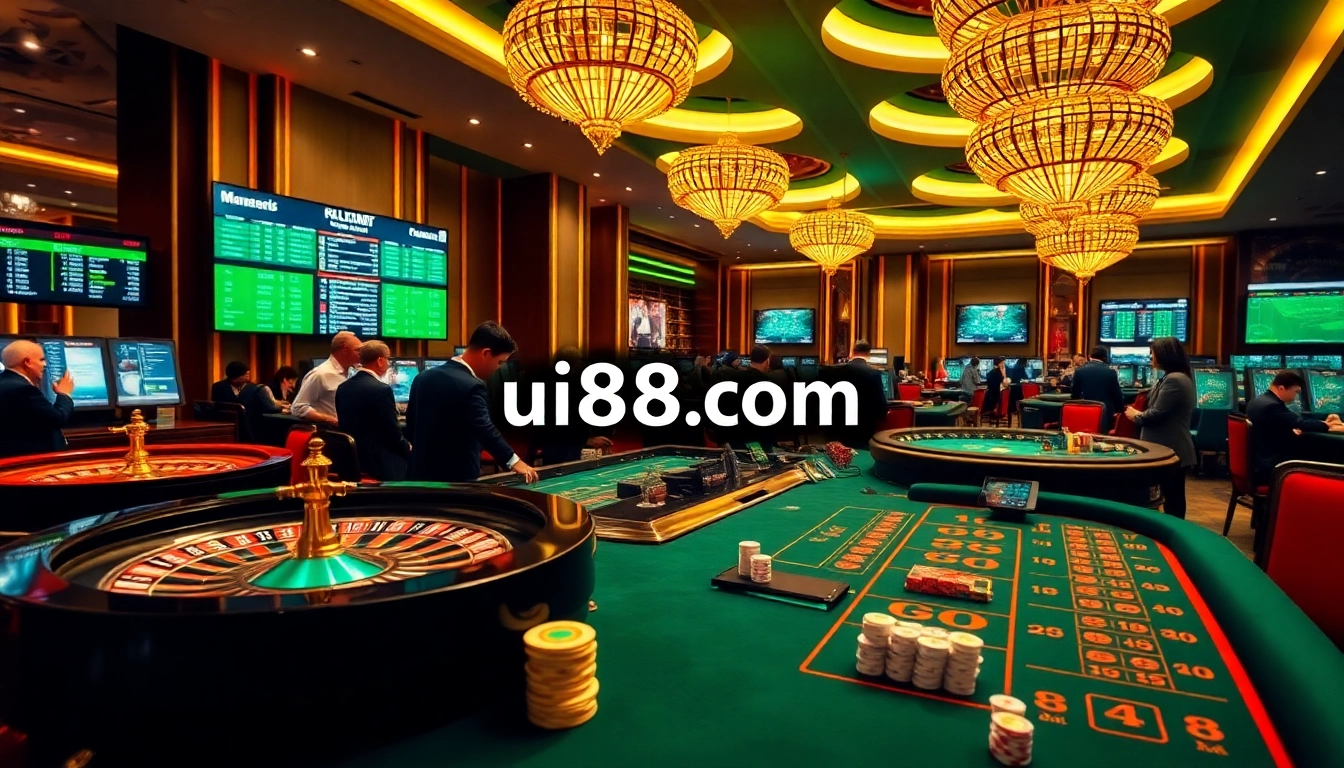 Players engaging in high-stakes games at uu88 com casino, surrounded by vibrant gambling visuals.