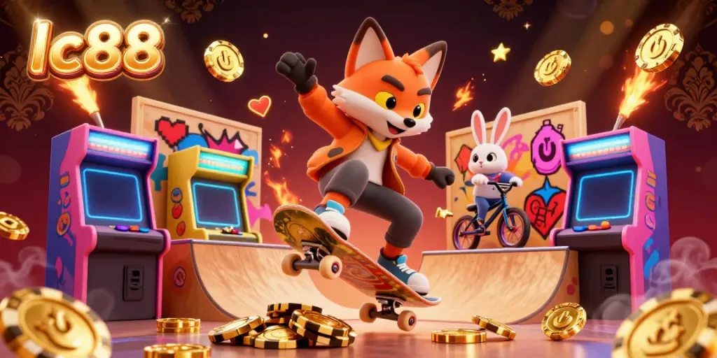 Experience thrilling moments at lc88 with a dynamic fox doing tricks on golden poker chips, surrounded by colorful arcade elements.