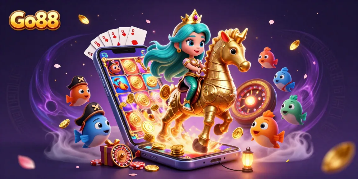 Engage with Go88’s vibrant gaming world featuring a mermaid princess and casino-themed elements.
