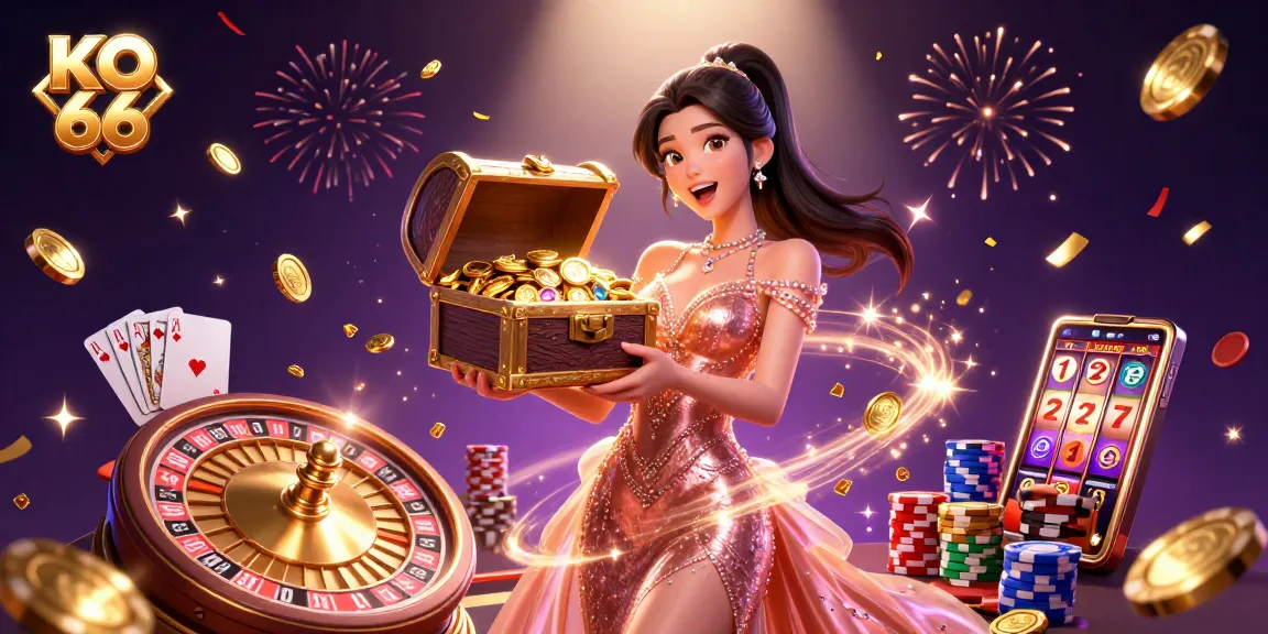 Win big with KO 66 as a stunning Asian woman showcases treasure in a vibrant casino scene.