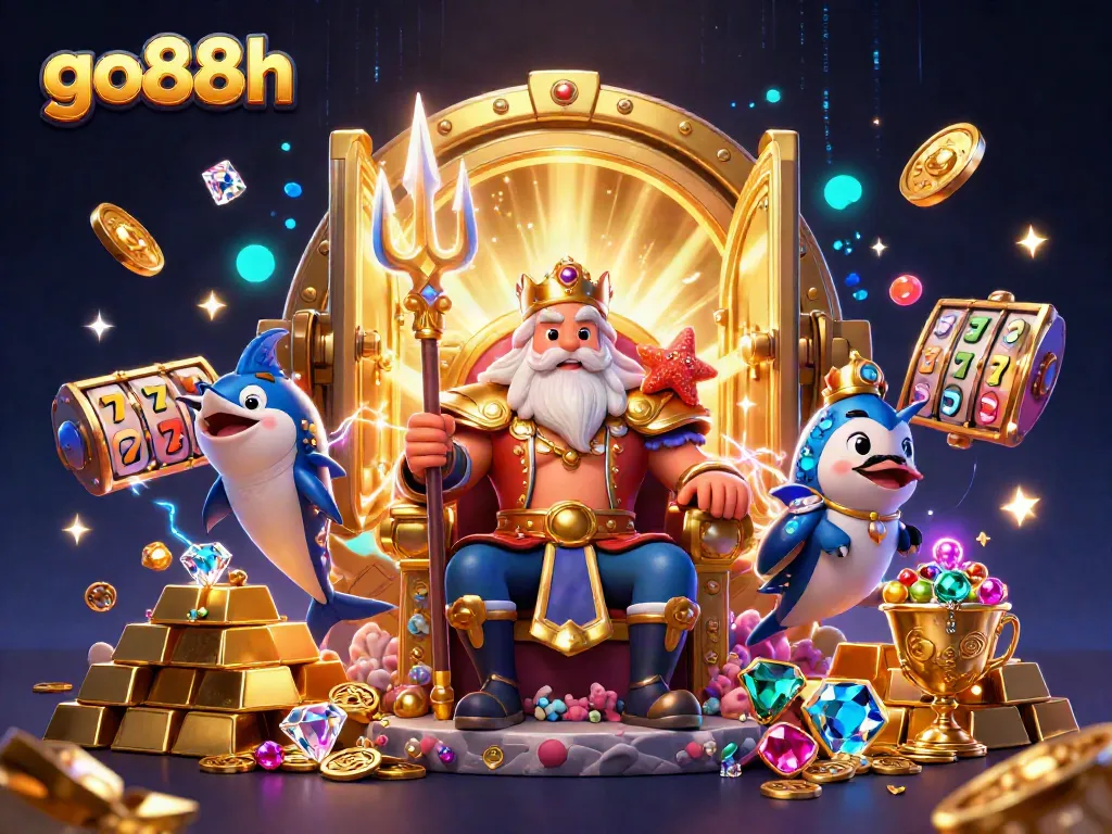 Engage with go88h in a vibrant 3D casino scene featuring Neptune and treasures.