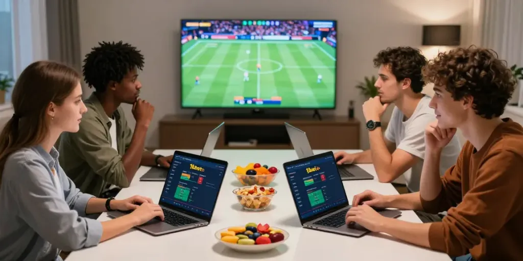 Friends enjoying a thrilling sports betting experience on 11bet.com in a vibrant living room.