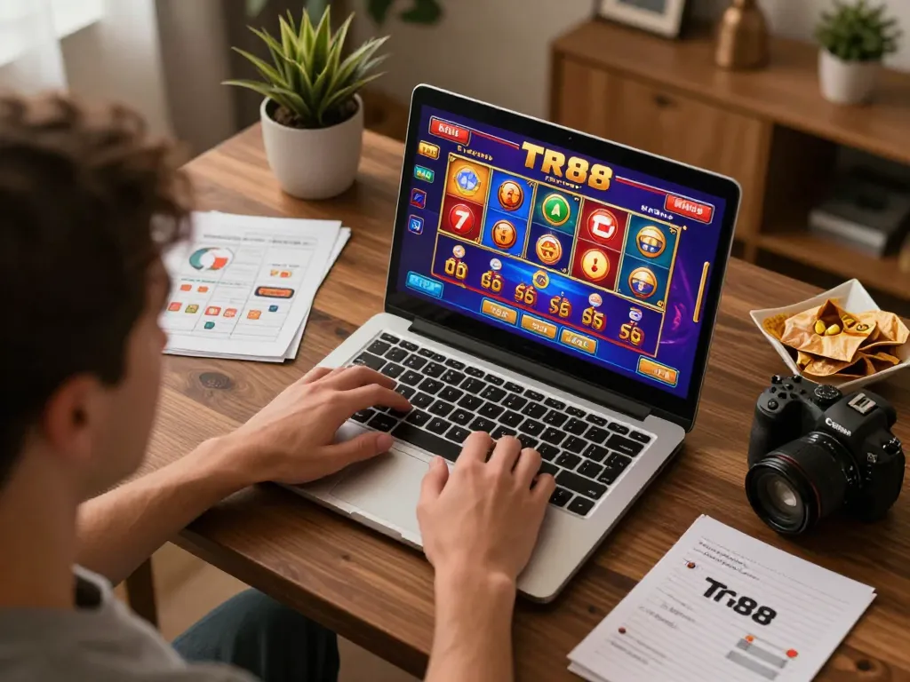 Engaging in thrilling TR88 online casino gaming from a cozy home setup, showcasing vibrant gameplay.